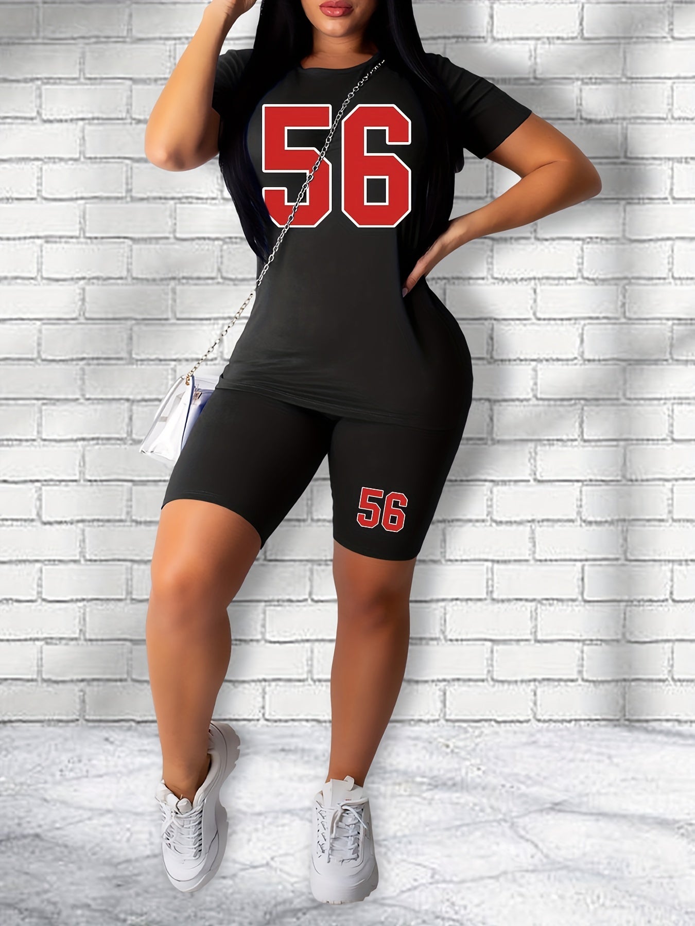 Casual Two Piece Set Short Sleeve Tee & Slim Shorts, Women's Outfit