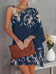 Colorblock One Shoulder Bat Sleeve Chain Dress