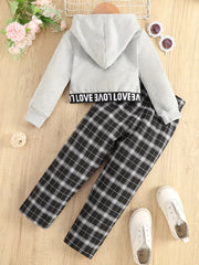 Girl's LOVE Hoodie & Plaid Pants Set for Spring Fall
