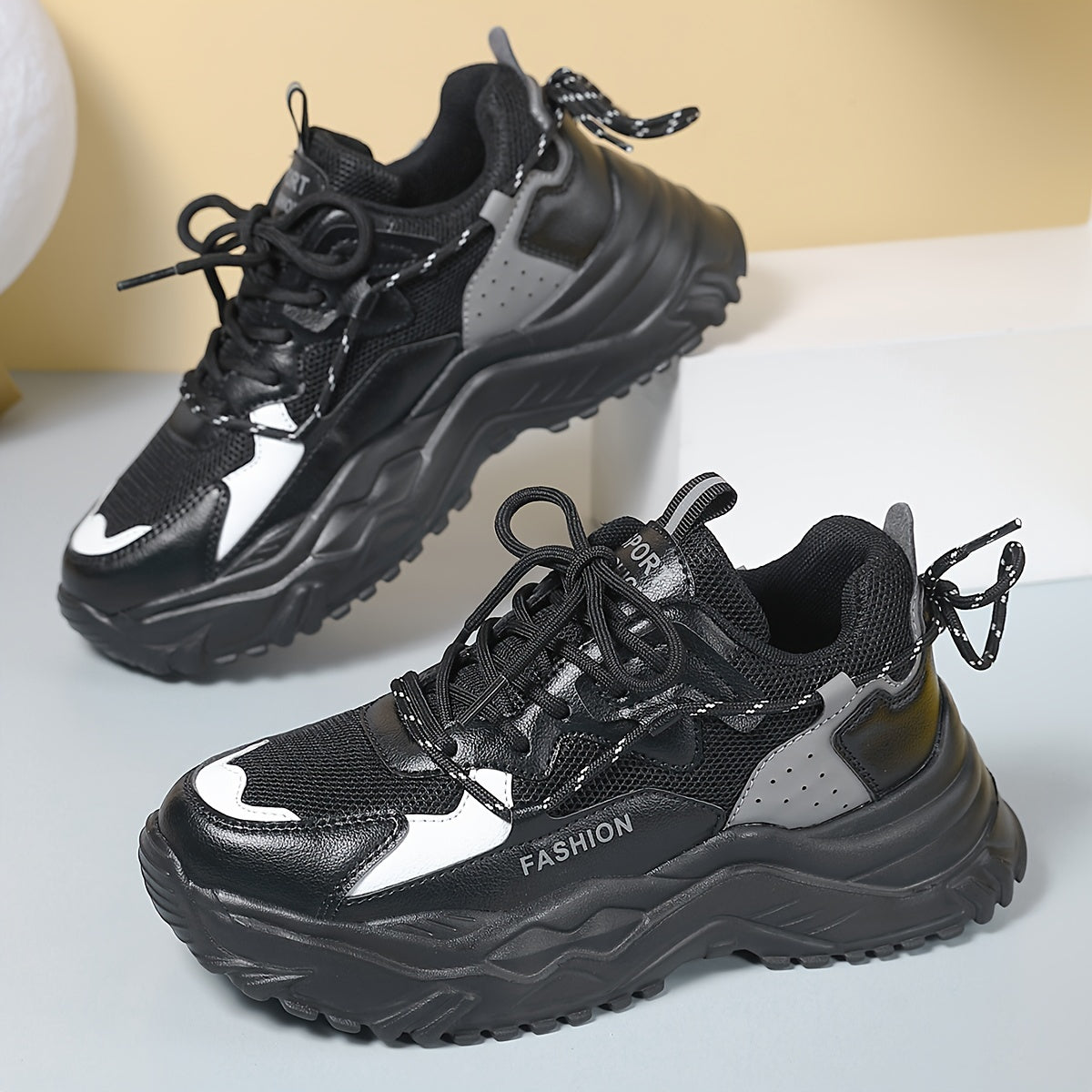 Women's Chunky Sneakers Block Faux Leather Casual Heighten Running Shoes