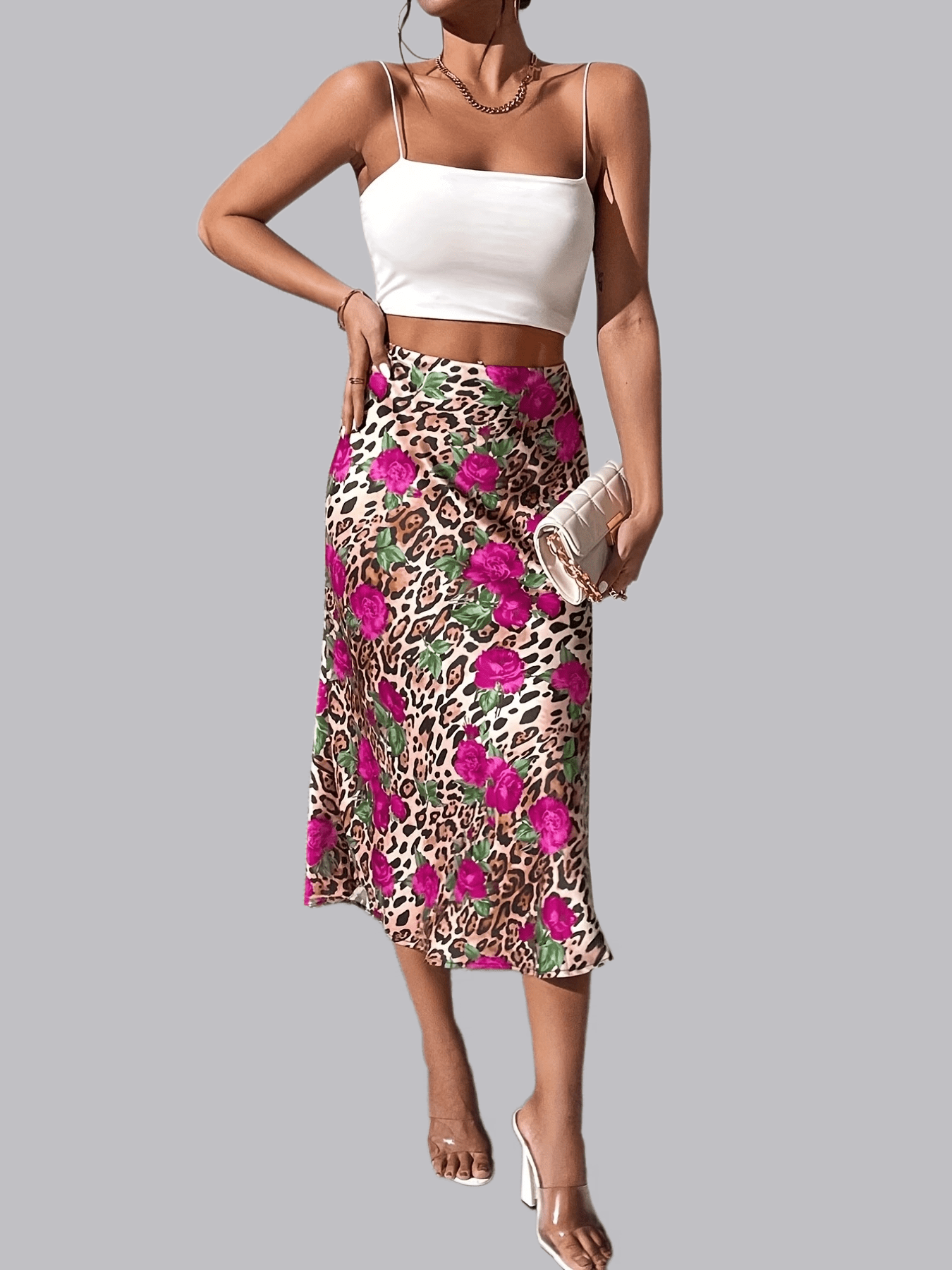 Leopard & Floral Patchwork Print Skirt for Women