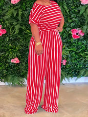 Striped Print Two piece Set Casual Short Sleeve T shirt & Wide Leg Pants