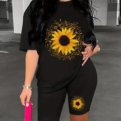Sunflower Print Lounge Set Short Sleeve Top & Shorts Women's Loungewear