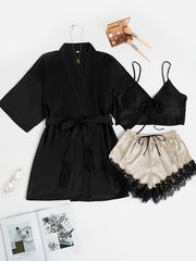 Satin Pajama Set V Neck Robe & Cami Top & Lace Trim Shorts