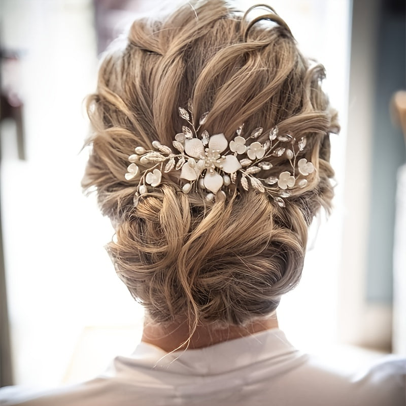 Bohemian Wedding Bridal Wreath Comb Faux Pearl Golden Hair Vine Accessory