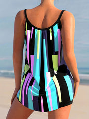 Modest Tankini Set Geo Print Tie Round Neck Cami Top & Sh