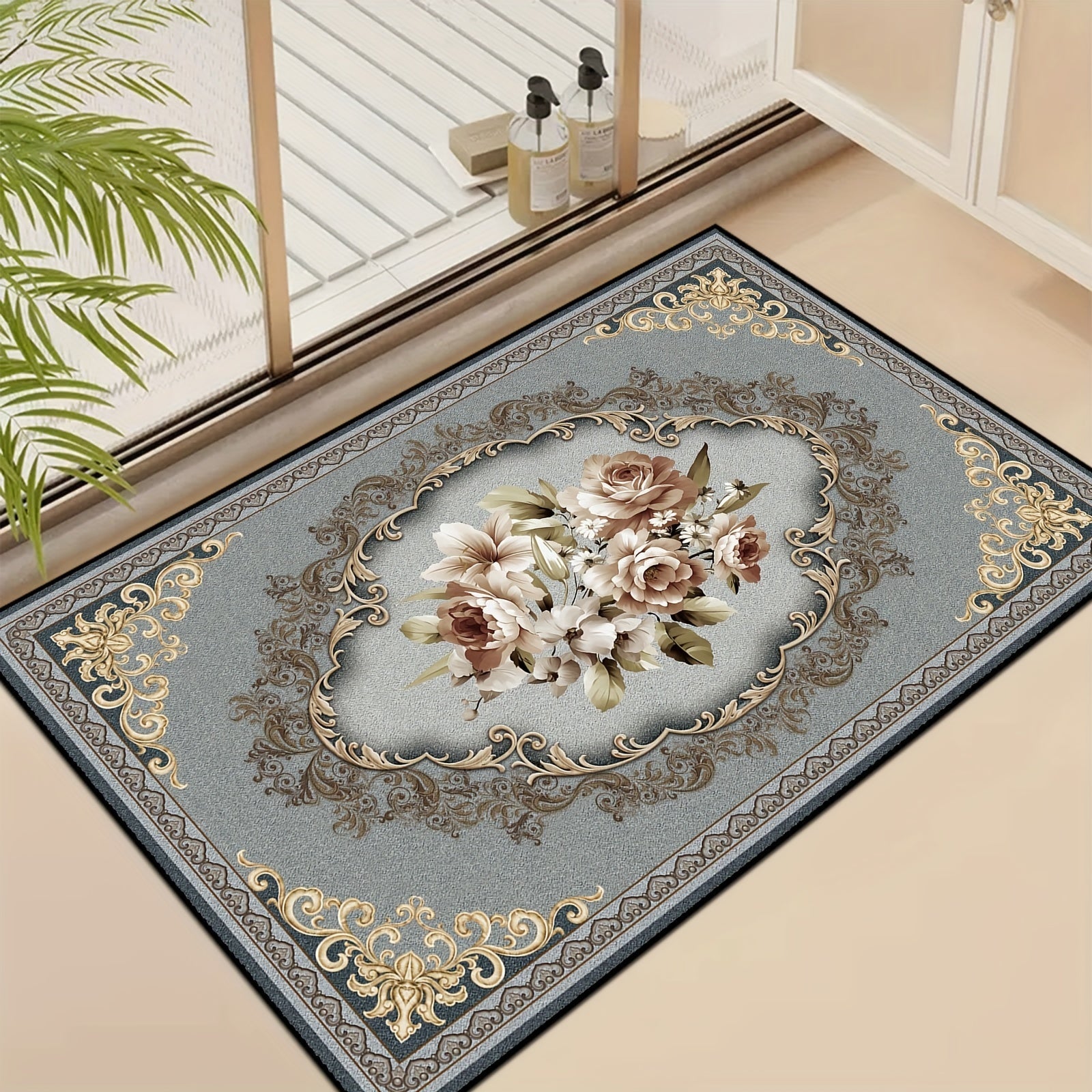 Non Slip Floral Welcome Mat Machine Washable Indoor Outdoor Entrance Mat