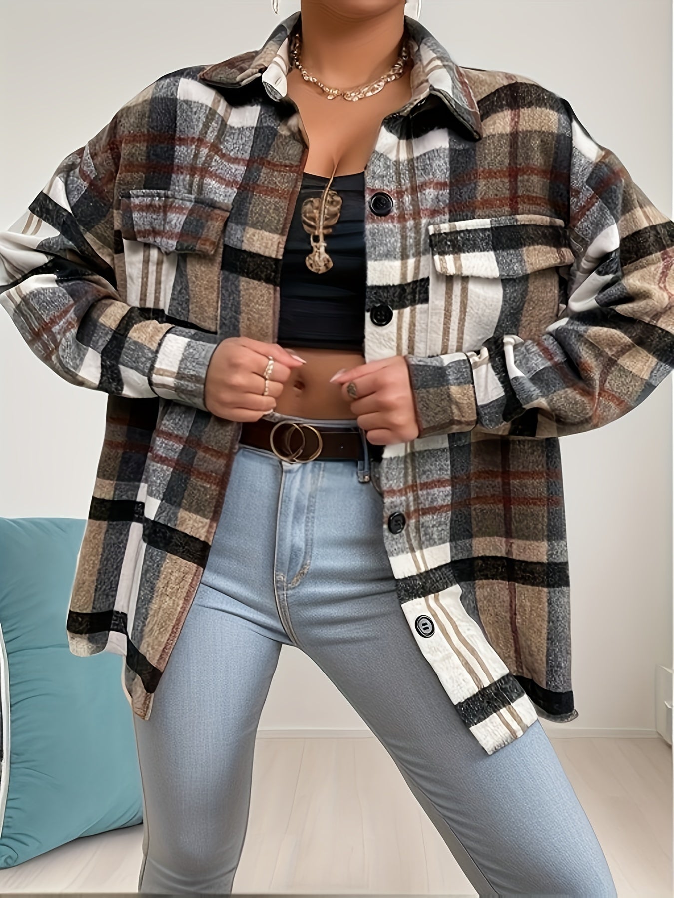 Plaid Print Long Sleeve Button Up Shirt Top