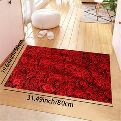 Red Rose Print Rug Romantic Decorative Floor Mat Machine Washable Carpet