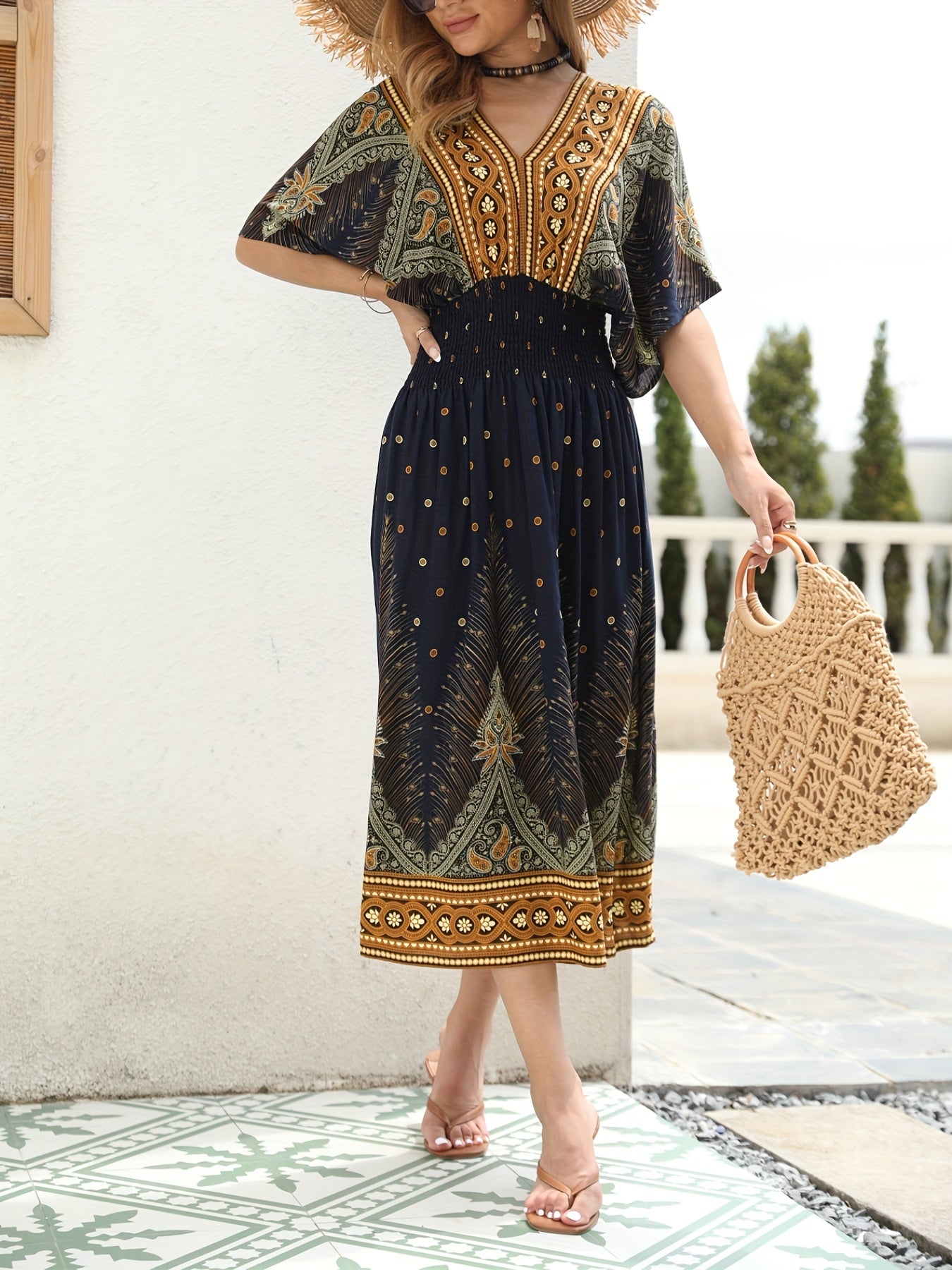 Boho Dress Women's Plus Floral & Paisley Print V Neck Short Sleeve