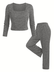 Solid Square Neck Crop Top & Pants Set