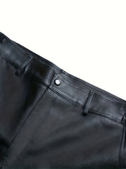 Men's Classic Fleece Pu Pants Straight Leg Solid Biker Faux Leather Pants
