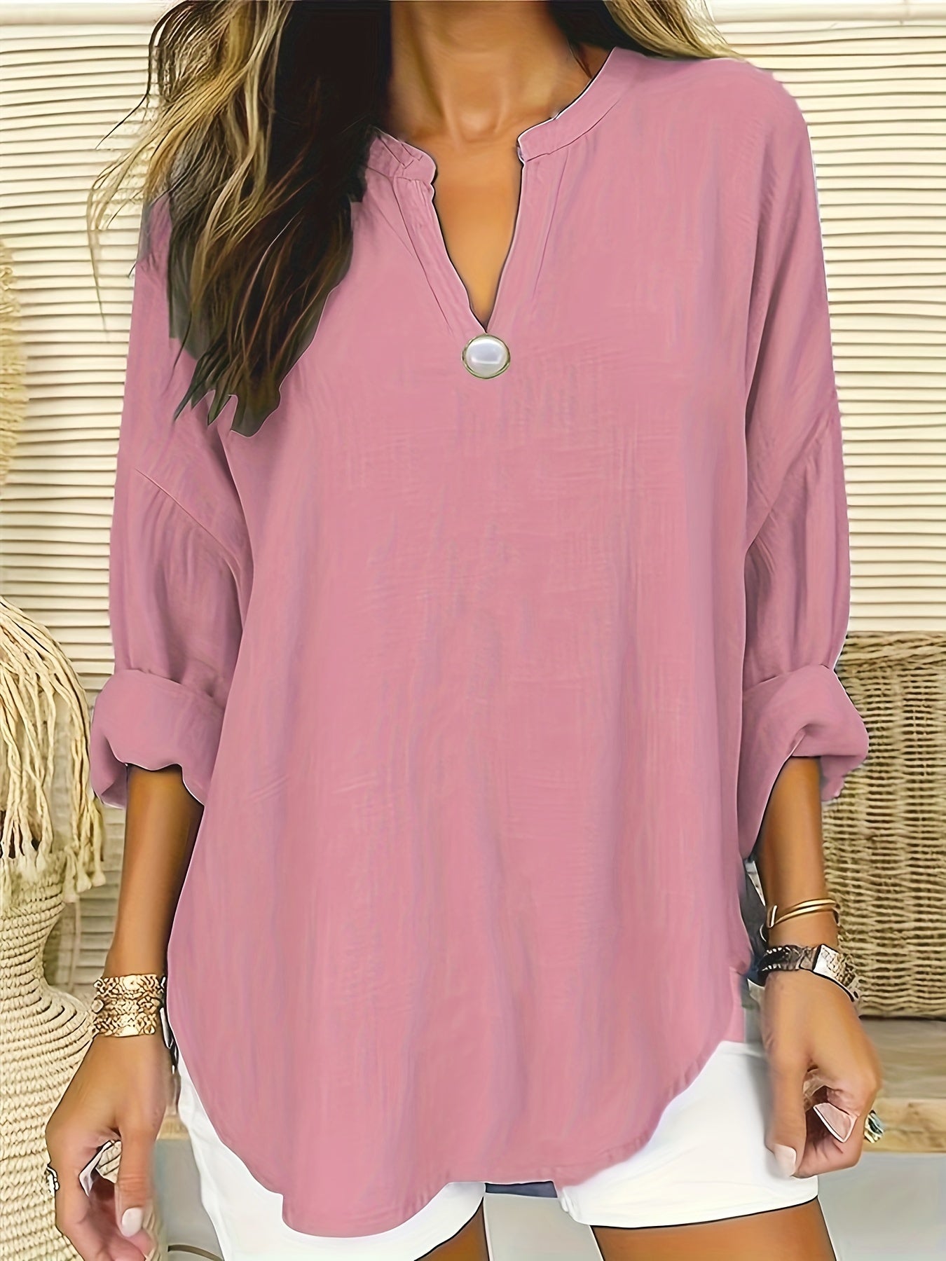 V Neck Tunic Shirt Top Solid Long Sleeve