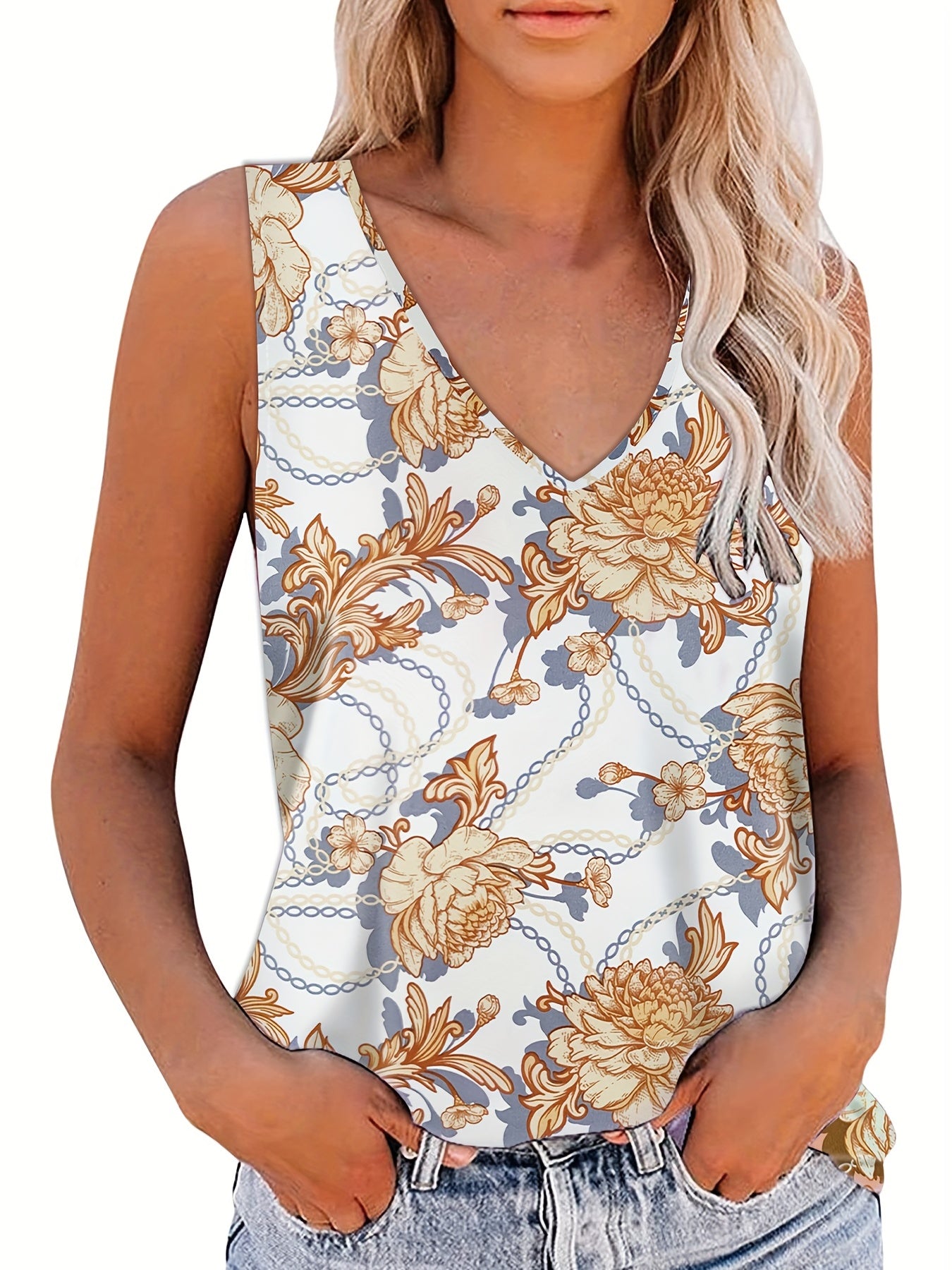 Chain & Floral Print Tank Top Women's V Neck Sleeveless Casual Summer Top