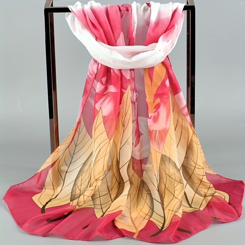 Leaf Flower Print Chiffon Scarf Gradient Sunscreen Travel Beach Towel