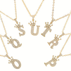 English Alphabet Crown Necklace Pendant with Zircon Inlay Clavicle Chain