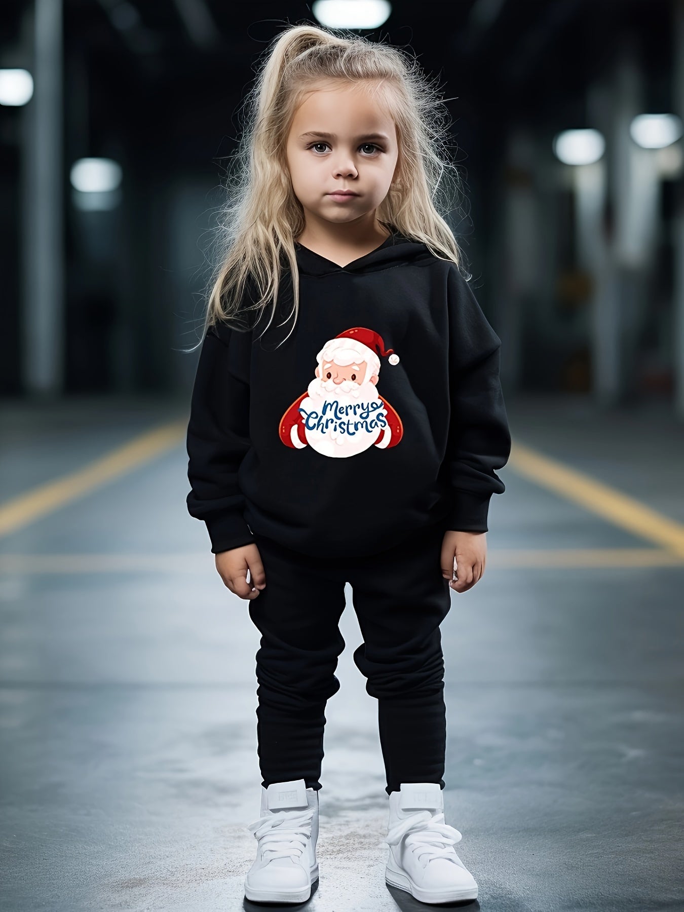 Santa Print Hoodies Jogger Set for Kids, Christmas Outfit