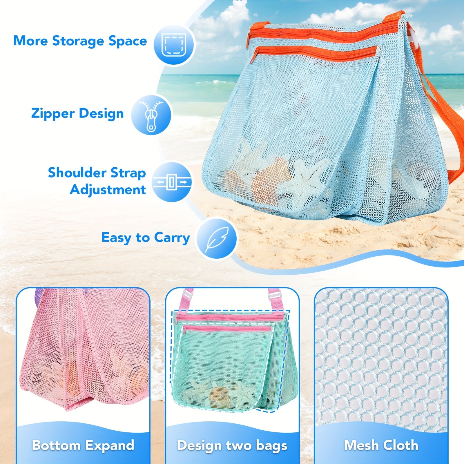 Seashell Collecting Bags Set Breathable Mesh Beach Bags Pink Green Beach Toy