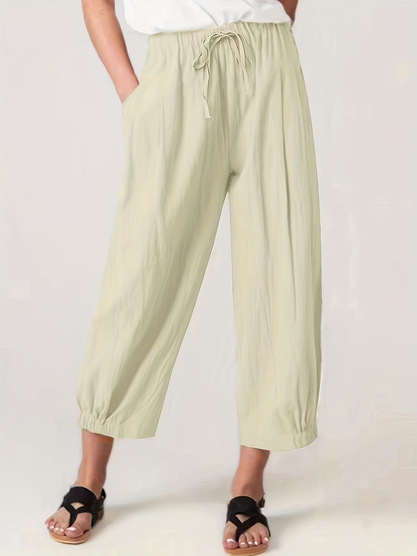 Drawstring Waist Cropped Pants Casual Elastic Trim Pants
