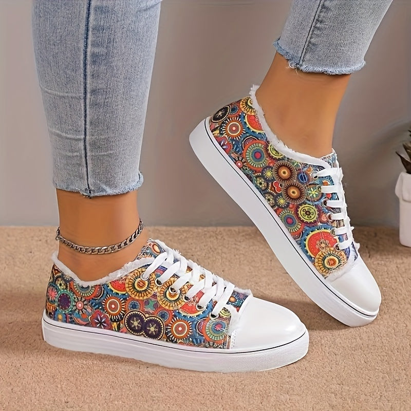 Ethnic Print Raw Trim Flat Skate Shoes Canvas Sneakers