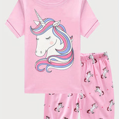 Toddler Girls Unicorn Pajama Set Crew Neck T Shirt Top & Shorts Sleepwear