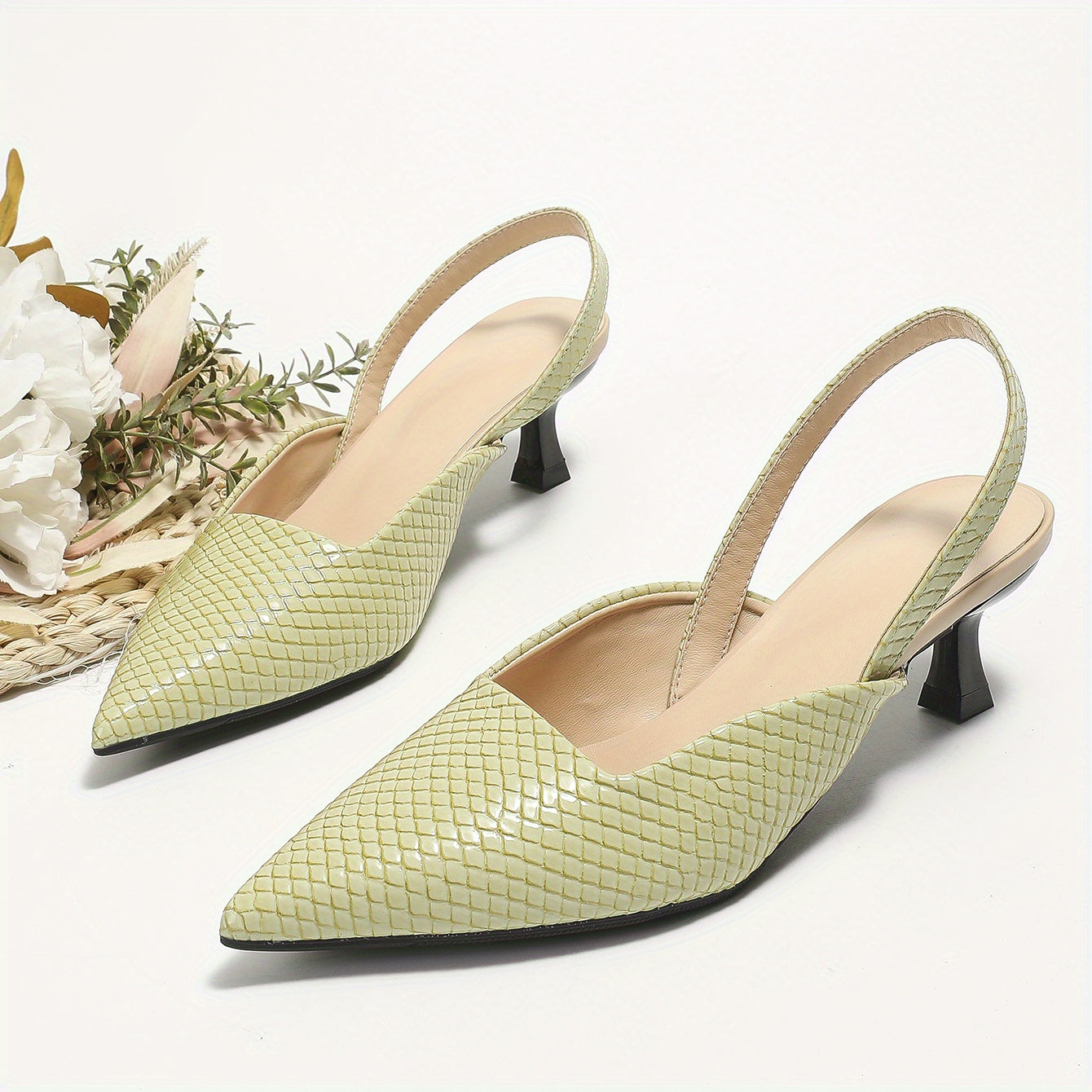 Women's Snakeskin Kitten Heel Slingbacks Pointed Toe Low Heel Sandals