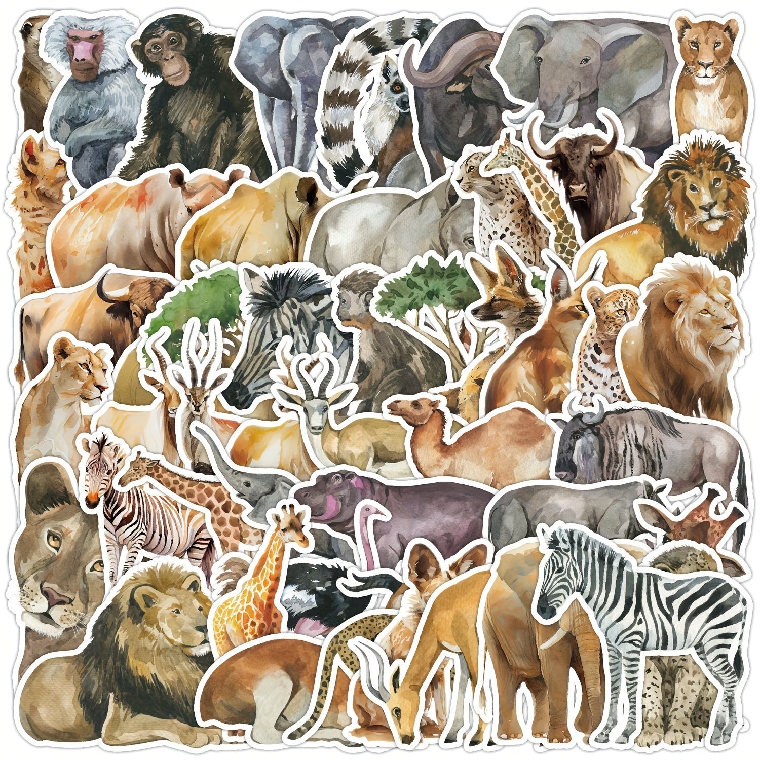 50pcs Watercolor Animal Graffiti Stickers Waterproof Cartoon Decor Stickers
