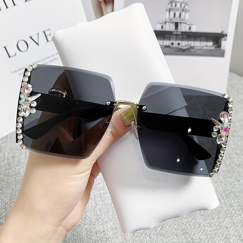 Rhinestone Rimless Sunglasses for Women Gradient UV400 Sun Shades