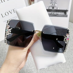 Rhinestone Rimless Sunglasses for Women Gradient UV400 Sun Shades