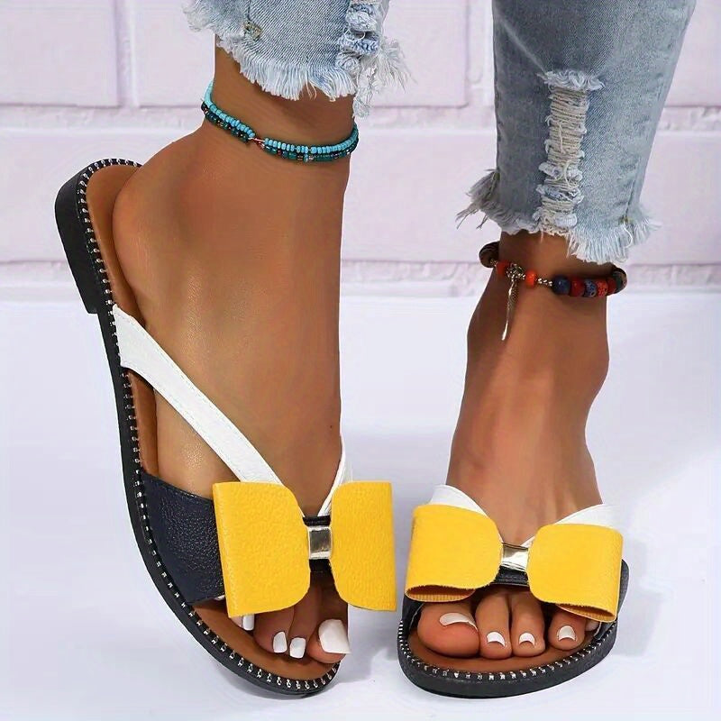 Women's Colorblock Bowknot Flat Slippers Open Toe Non-slip Slides