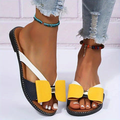 Women's Colorblock Bowknot Flat Slippers Open Toe Non-slip Slides