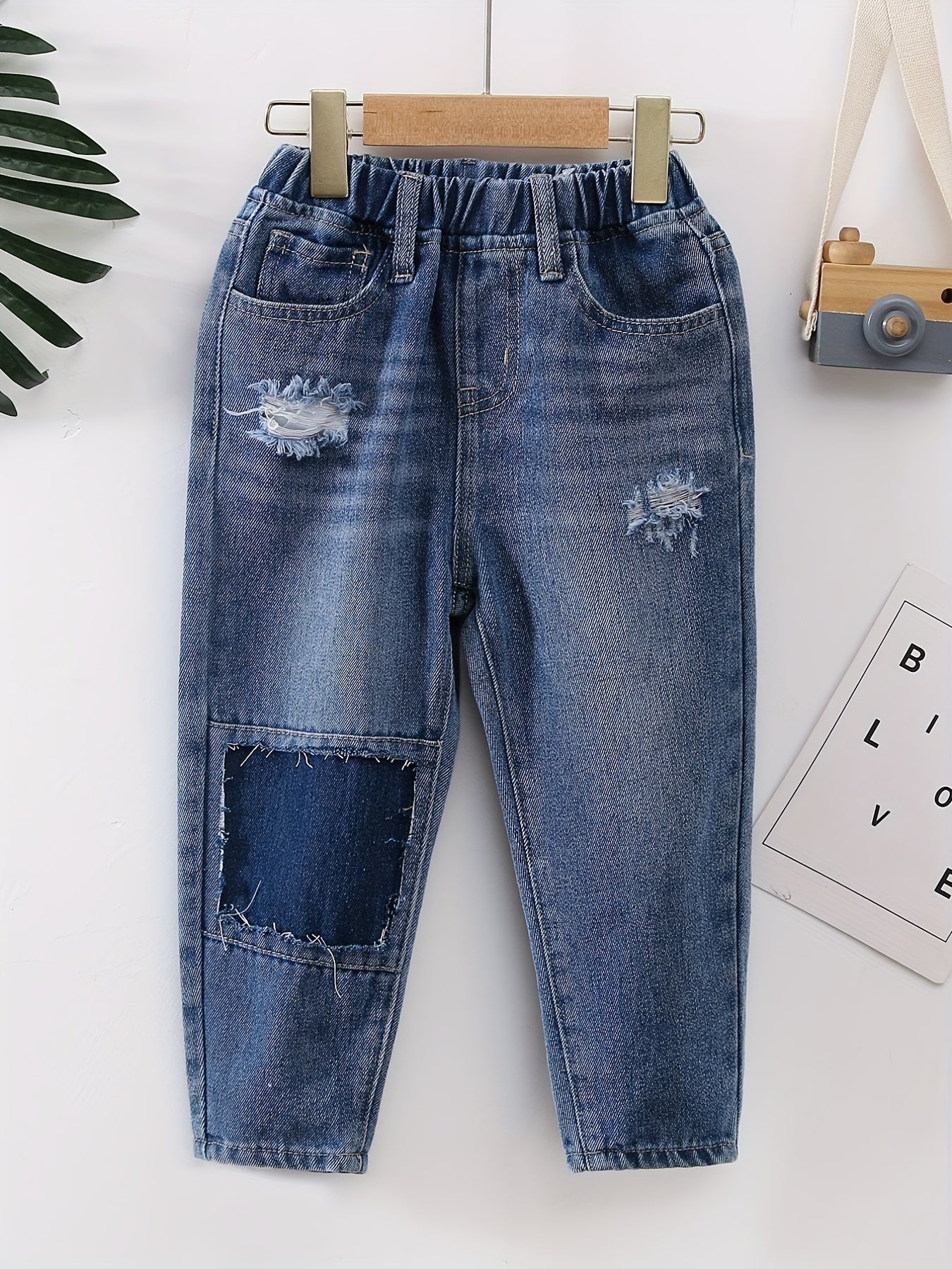 Boys Casual Ripped Patched Denim Long Pants With Pocket Kids Clothing