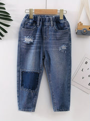 Boys Casual Ripped Patched Denim Long Pants With Pocket Kids Clothing