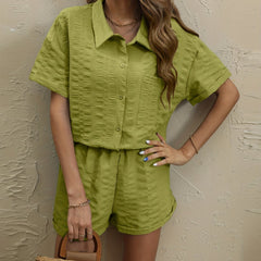 Textured Blouse Set Button Short Sleeve Blouse & Elastic Shorts