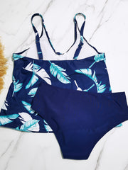 Leaf Print Tankini Set V Neck Ruched Cami Top & Panty Swimsuit 2 Piece