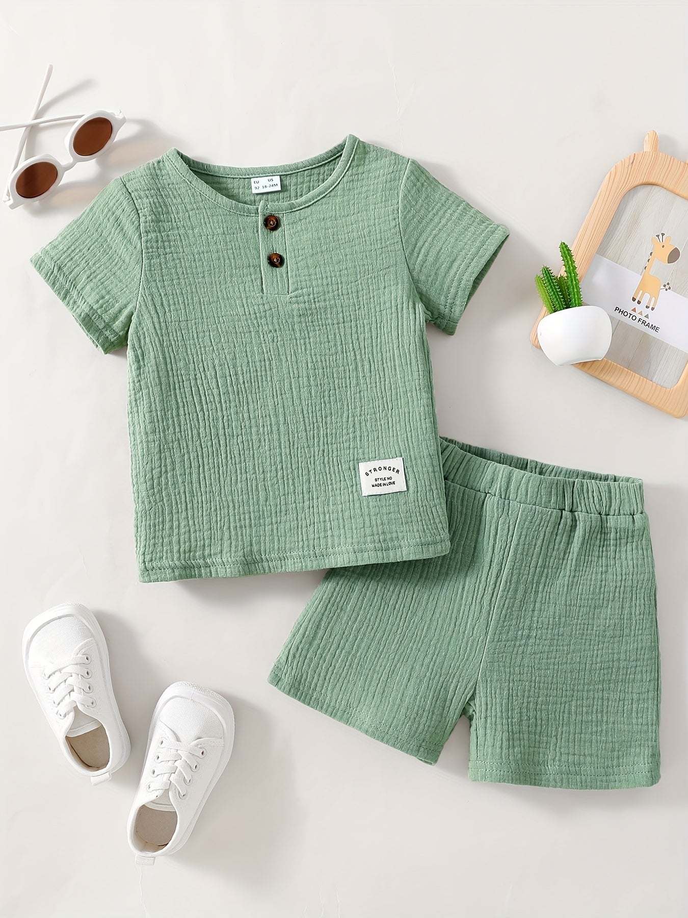 2pcs Infant Baby Button Short Sleeve Tees & Shorts