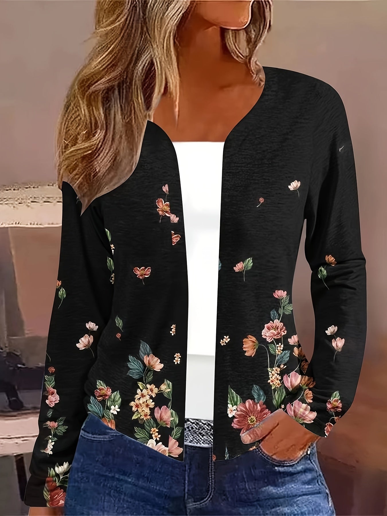 Plus Floral Print Long Sleeve Open Front Cardigan