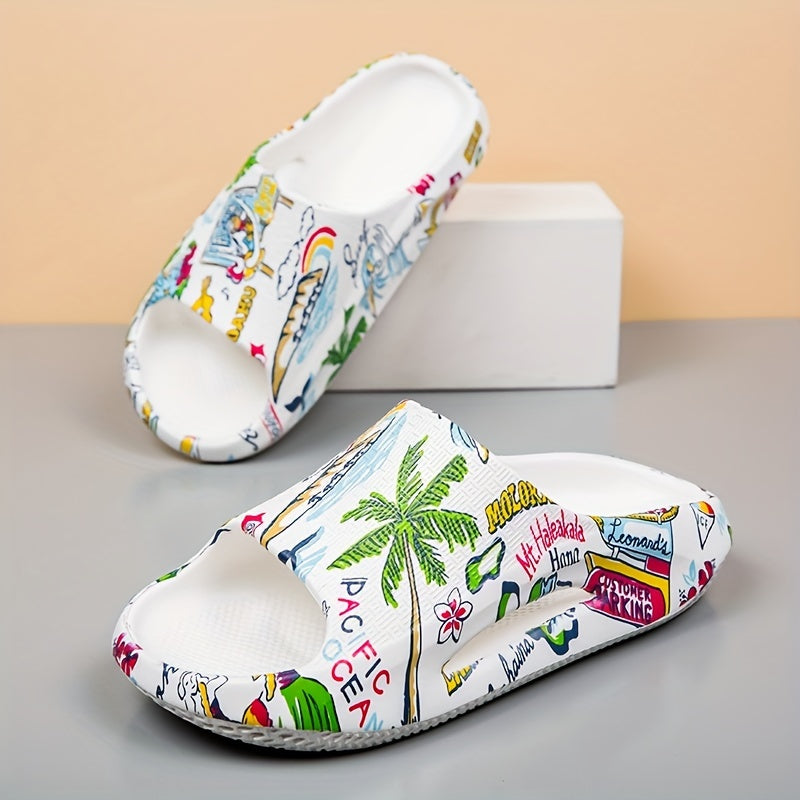 Women's Side Hollow Out Slides Colorful Graffiti Slip On Soft Sole Non slip Slid