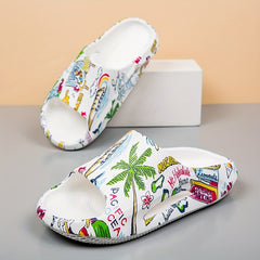 Women's Side Hollow Out Slides Colorful Graffiti Slip On Soft Sole Non slip Slid