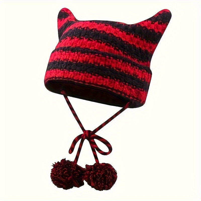 Cat Ears Stripe Knitted Hat Warm And Comfortable Ski Hat