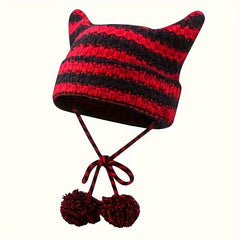 Cat Ears Stripe Knitted Hat Warm And Comfortable Ski Hat