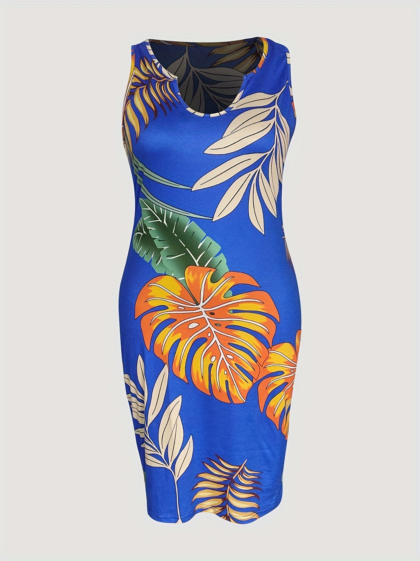 Tropical Print Notched Neck Midi Dress