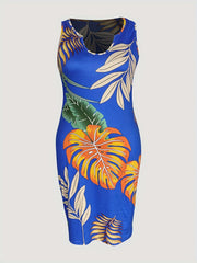 Tropical Print Notched Neck Midi Dress