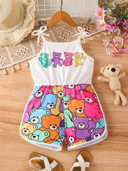 Toddler Girls Cartoon Bear Cami Rompers Jumpsuits for Beach Vacation