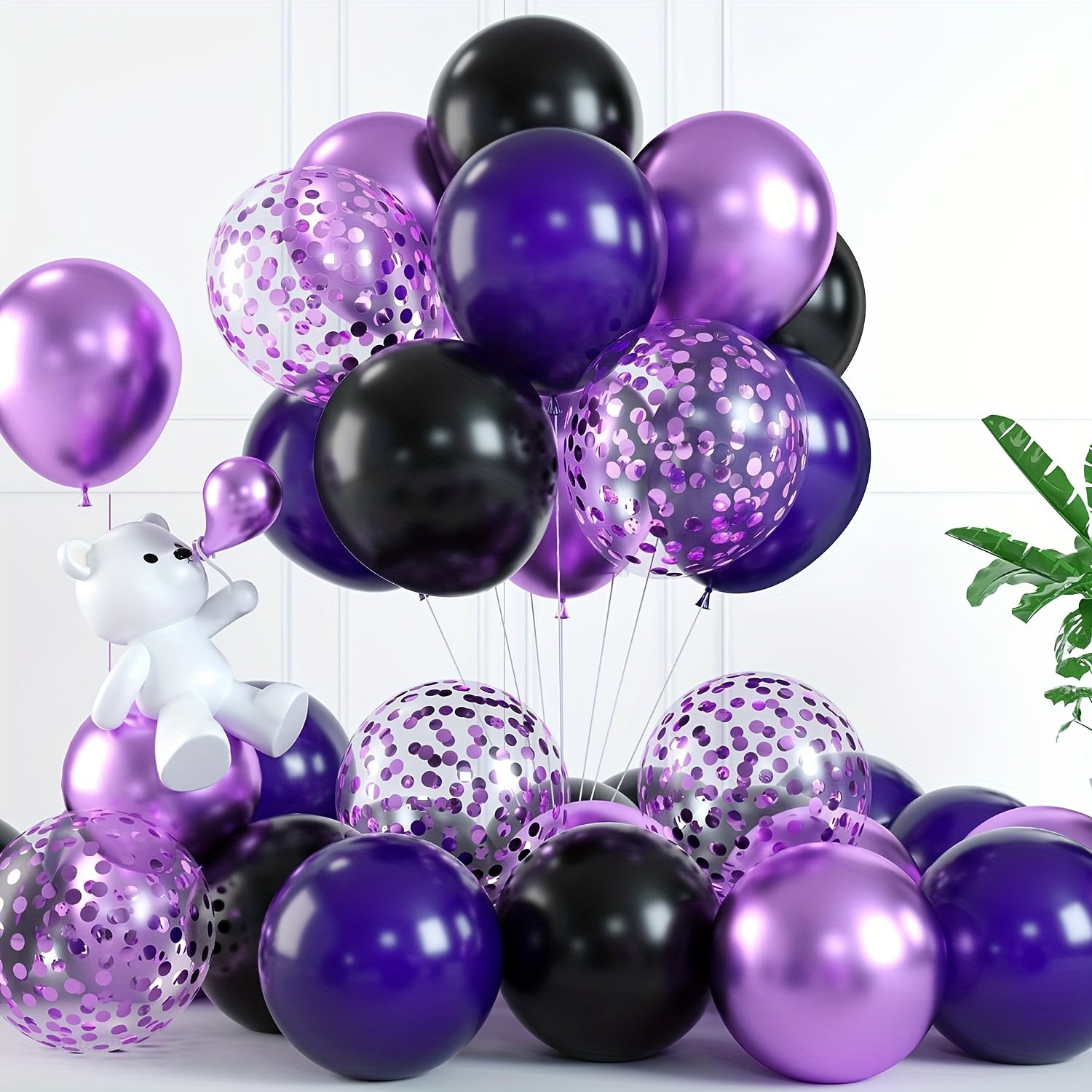 61pc Purple Balloon Set - 30 Confetti Balloons, 25 Metallic Balloons, Ribbon