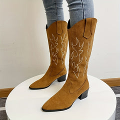 Women's Embroidered Chunky Heel Boots Point Toe Back Zipper Boots