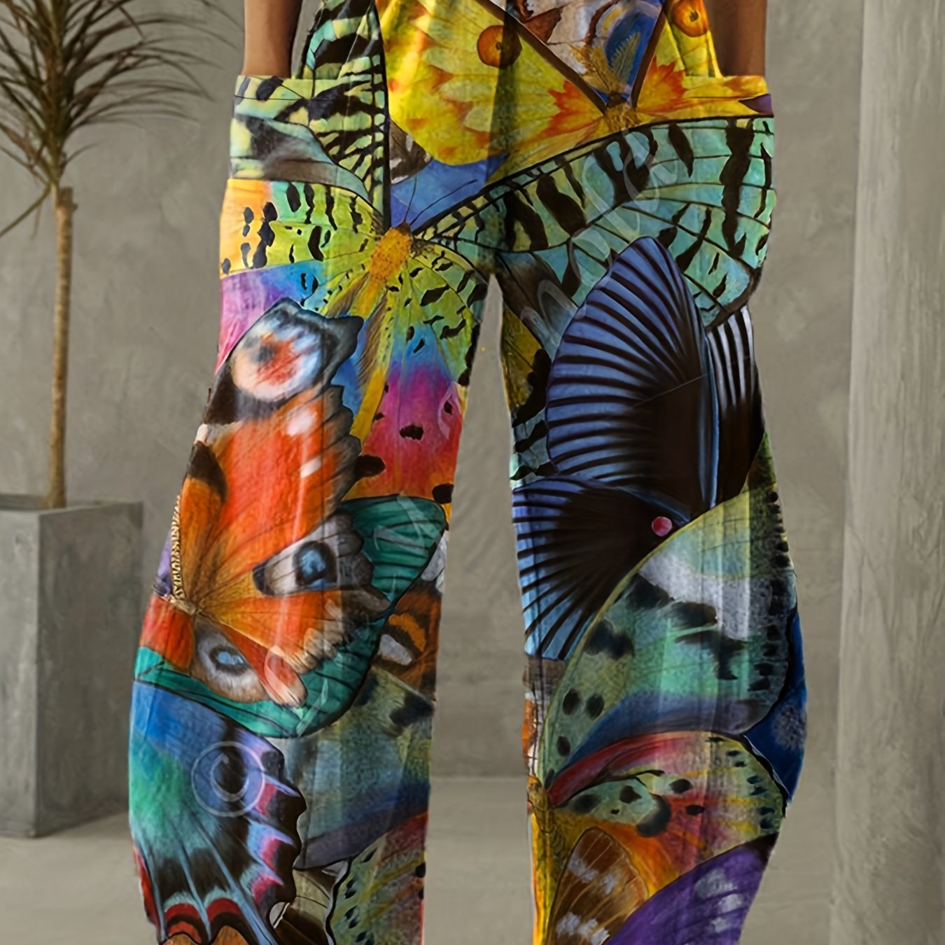 Butterfly Print Wide Leg Mid Rise Pants Women's Plus Street Style