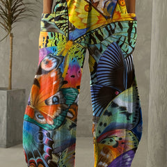 Butterfly Print Wide Leg Mid Rise Pants Women's Plus Street Style