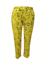 Women's Plus Abstract Face Print Long Sleeve Button Up Shirt & Pants Set
