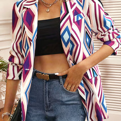 Argyle Print Lapel Blazer Open Front Outerwear